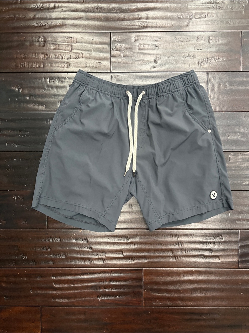Vuori Slate Gray Swim Trunks with White Drawstring